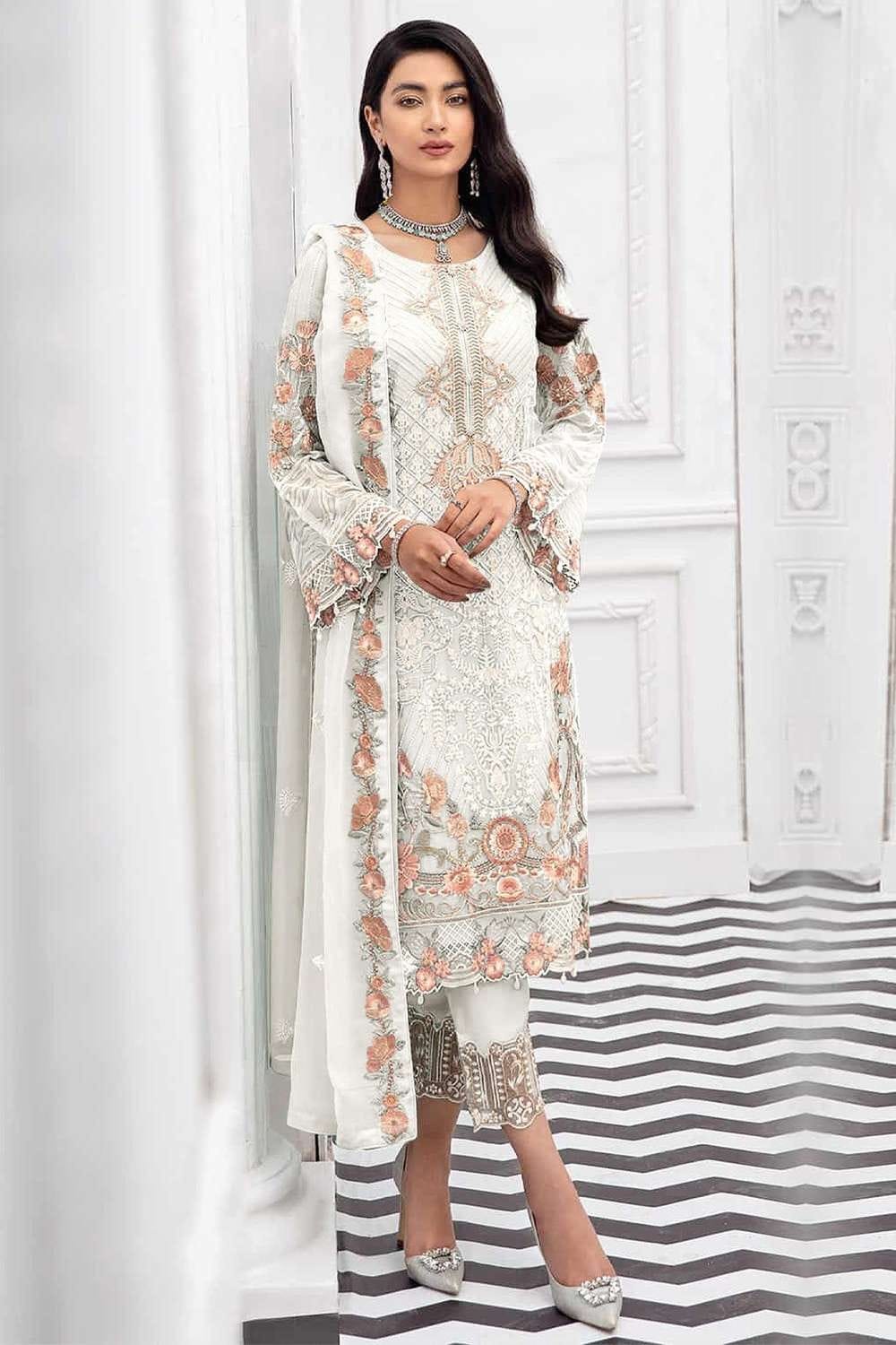 White Salwar kameez Online, Designer Faux georgette Salwar kameez
