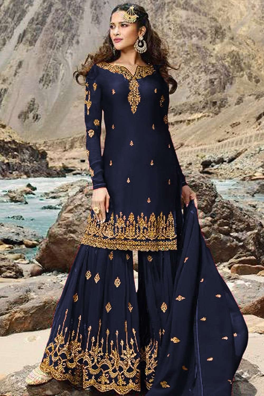 Navy blue georgette sharara suit : SS0175 Navy blue georgette sharara suit : SS0175
