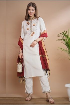 Cotton blend White Salwar Kameez in Embroidered SK15750