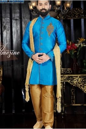 Latest Sky Blue Giccha Silk Ethnic Wear Kurta Pajama KUR0108