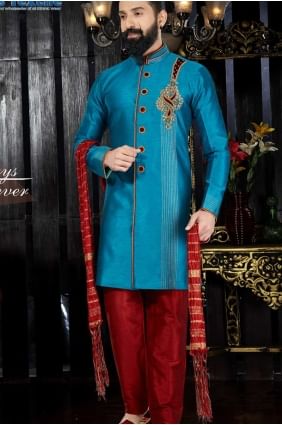 Indian Ethnic Sky Blue Giccha Silk Ethnic Wear Kurta Pajama kur0111