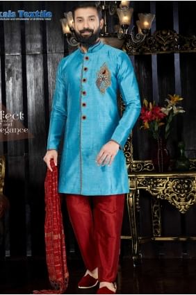 Traditional Sky Blue Art Dupion Ethnic Wear Kurta Kurta Pajama kur0115