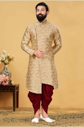 Beige  Men Kurta in Jacquard with Plain KURR159