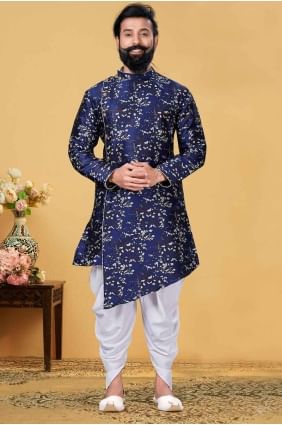 Men Kurta in Blue Silk with Plain KURR163