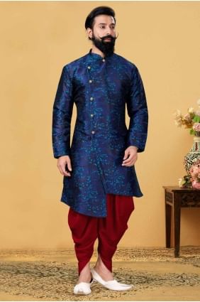 Plain Silk Men Kurta in Blue KURR165