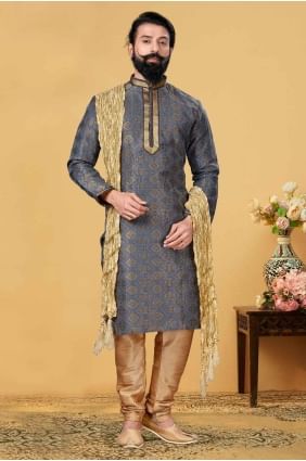 Embroidered Jacquard Men Kurta in Steel blue  KURR183