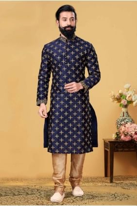Navy blue Jacquard Embroidered Men Kurta with Dupatta KURR190