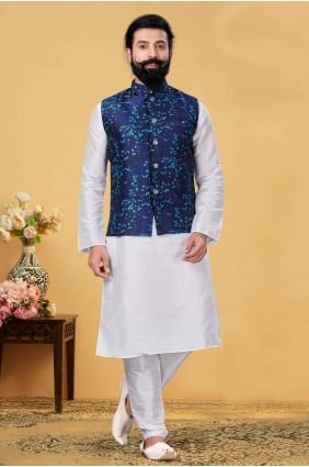 White Men Kurta with Embroidered Dupion silk KURR203