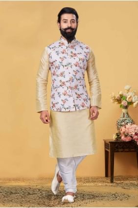 Cream Dupion silk Embroidered Men Kurta with Dupatta KURR208