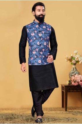 Embroidered Dupion silk Men Kurta in Black with Dupatta KURR212