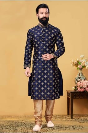 Embroidered Silk Blue Men Kurta with Dupatta KURR47