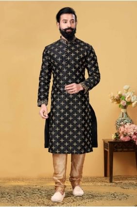 Silk Men Kurta with Embroidered in Black KURR48