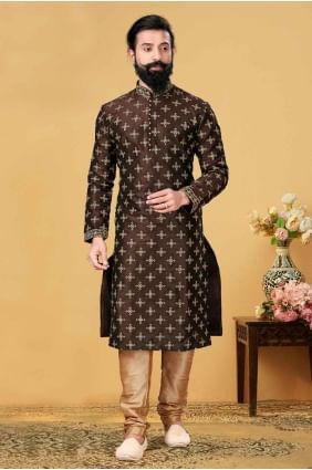 Silk Embroidered Coffee  Men Kurta with Dupatta KURR49