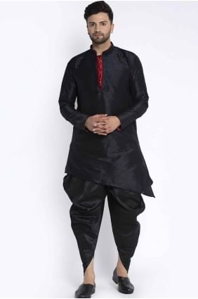 Plain Silk Men Kurta in Black KURR70