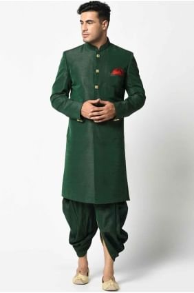 Plain Silk Green Men Kurta with Dupatta KURR78
