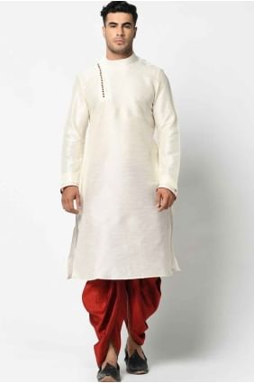 Plain Men Kurta in Off white Silk KURR83
