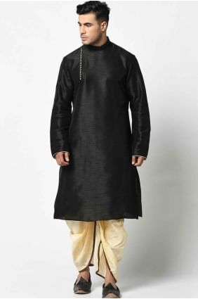 Silk Men Kurta in Black with Plain KURR87