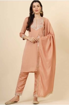 silk embroidered peach salwar kameez with dupatta SK155570