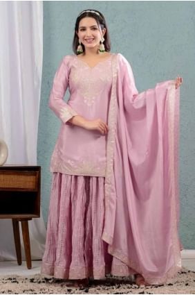 Baby pink Embroidered Sharara Suit in Chiffon SS1255