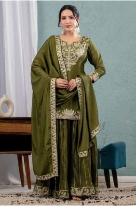 Embroidered Sharara Suit in Mehendi green  Chiffon SS1256