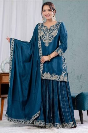 Chiffon Sharara Suit with Embroidered in Teal blue  SS1257