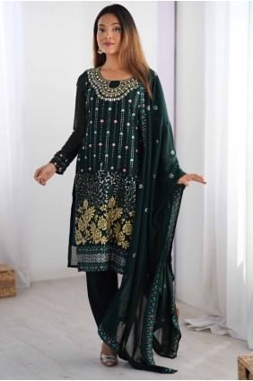 Mirror Faux georgette Sharara Suit in Green with Dupatta SK155582