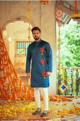 Silk Printed Teal blue Men Kurta with Dupatta KURU0116