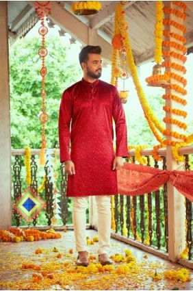 Silk Printed Maroon Men Kurta with Dupatta KURU0117