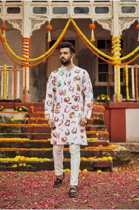 Men Kurta in White Art silk with Printed KURU0118