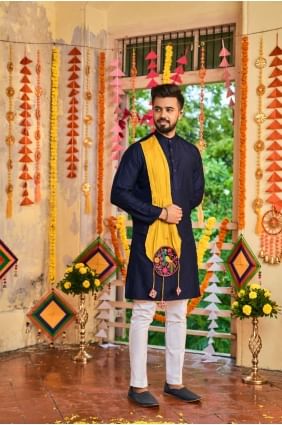 Art silk Men Kurta with Embroidered in Navy blue KURU0123