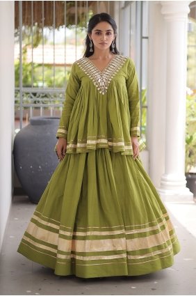 Zari Lehenga Choli in Perrot green Cotton LC9248