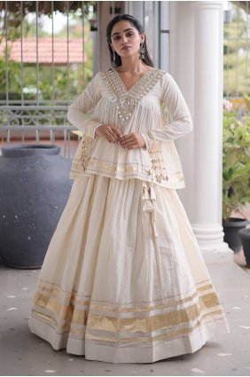 Cotton Lehenga Choli with Zari in White LC9250