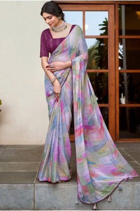 Multicolor Embroidered,printed Saree in Satin SR30294