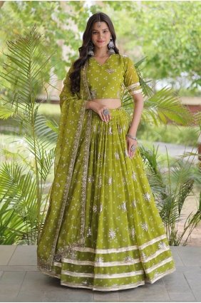 Faux georgette Printed Perrot green Lehenga Choli with Dupatta LC9253