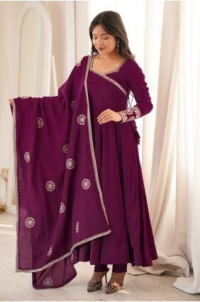 Embroidered Silk Wine Anarkali Suit with Dupatta AS4365