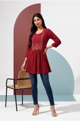 Rayon Printed Maroon Frock Kurti with Dupatta KTI2768