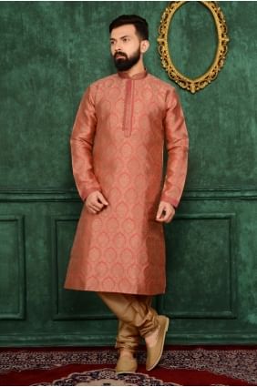 Opulent Dark Peach Jaqurs Silk Brocade Ethnic Wear Kurta Readymade Kurta Payjama KUR0167