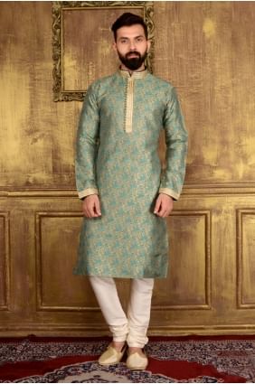 Teal Green Jaqurs Silk Brocade Ethnic Wear Kurta Readymade Kurta Payjama KUR0174