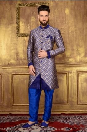 Blue Jaqurd Silk Brocade Semi Indo Indo Western INW0003