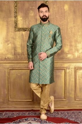 Teal Jaqurd Silk Brocade Semi Indo Indo Western INW0007