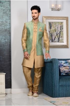 Sea Green, Beige Jaqurd Silk Brocade Indo Western Indo Western INW0045