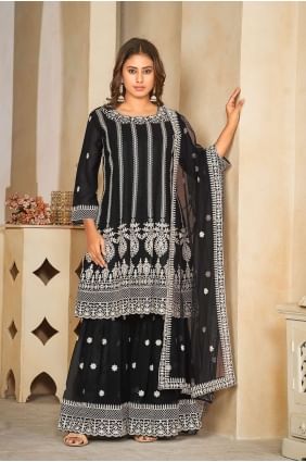 Embroidered Net Anarkali Suit in Black PZ3939