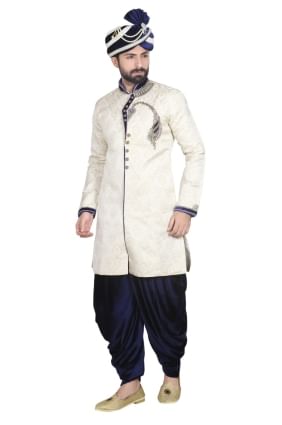 Light Gold Brocked Ethnic Wear Designer Ready-Made Sherwani SHR00008