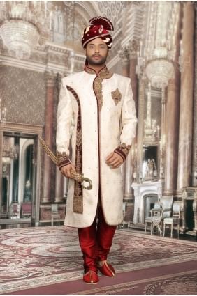Beige Booty Jackard Hand Work Ethnic Wear Designer Ready-Made Sherwani shr00038