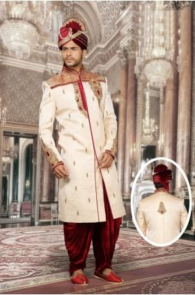 Beige Jackard With Hand Work Ethnic Wear Designer Ready-Made Sherwani shr00040