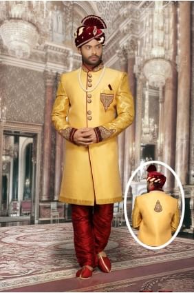 Yellow Plain Jharna & Print Jackard Ethnic Wear Designer Ready-Made Sherwani SHR00049