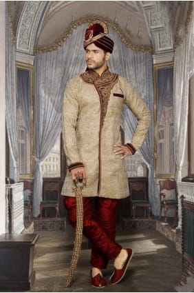 Beige Fancy Jackard Ethnic Wear Designer Ready-Made Sherwani SHR00068