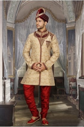 Beige Jackard Ethnic Wear Designer Ready-Made Sherwani shr00071