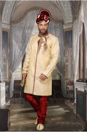 Beige Booty Jackard Ethnic Wear Designer Ready-Made Sherwani SHR00081