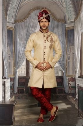 Beige Jari Brocked Ethnic Wear Designer Ready-Made Sherwani SHR00082